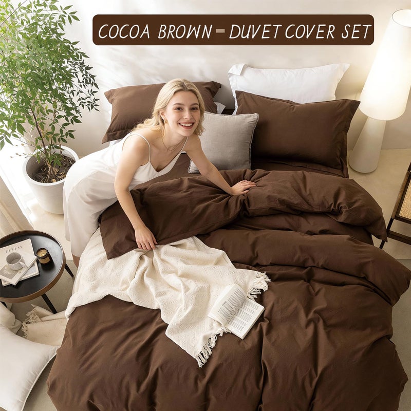 BDEAR Linen Feel Cocoa Brown Duvet Cover Queen Size 90'' L x 90'' W, Percale 100% Washed Cotton Duvet Cover with Zipper Closure Plus 2 Pillowcases, Oeko TEX Standard Certificated - Image 5
