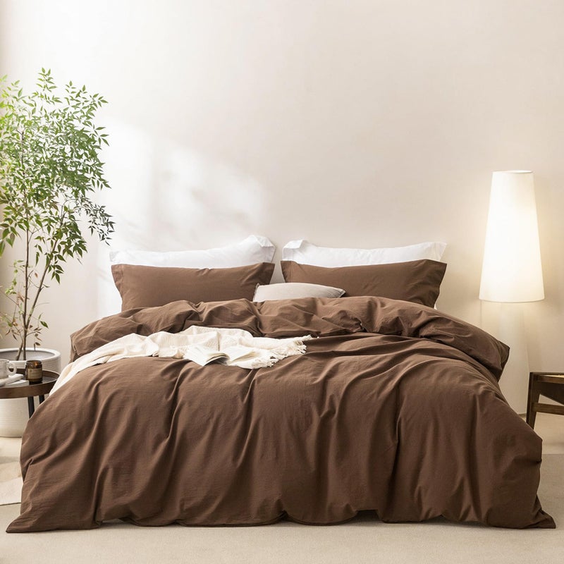 BDEAR Linen Feel Cocoa Brown Duvet Cover Queen Size 90'' L x 90'' W, Percale 100% Washed Cotton Duvet Cover with Zipper Closure Plus 2 Pillowcases, Oeko TEX Standard Certificated - Image 4