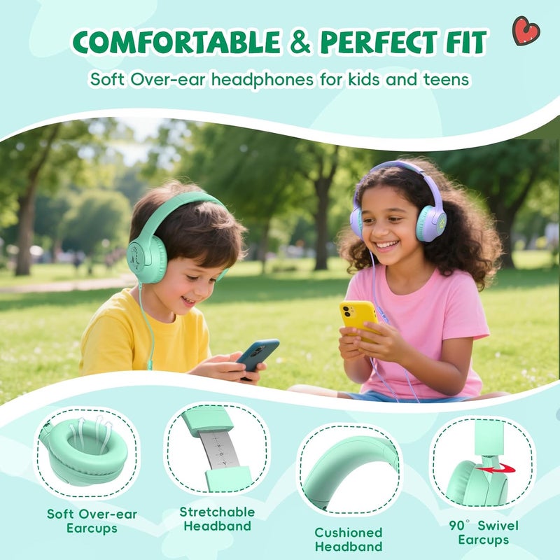 Botesty Sound Kids Headphones with Cord, 85/94dB Volume Limit, Wired Over-Ear Headphones for Kids Boys Girls with Microphone, 4.9ft Long No-Tangle Cord, Stereo Sound 3.5mm Plug for Kindle Tablet School, Green - Image 5