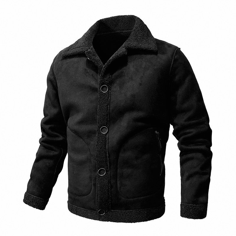 Winter Non-Hooded Casual Black Single-Breasted Youth Loose Fleece-Lined Side Seam Pocket Lapel Fur One - Image 2