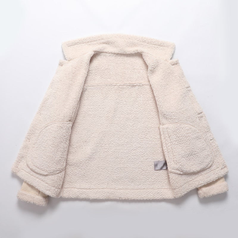 Winter Non-Hooded Casual Black Single-Breasted Youth Loose Fleece-Lined Side Seam Pocket Lapel Fur One - Image 4