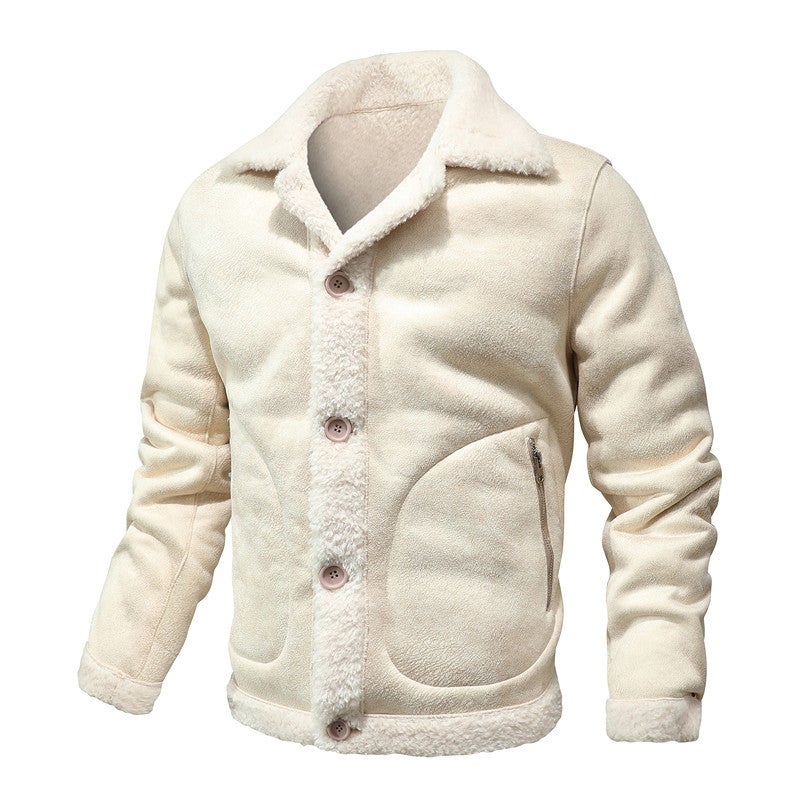 Winter Non-Hooded Casual Black Single-Breasted Youth Loose Fleece-Lined Side Seam Pocket Lapel Fur One - Image 1