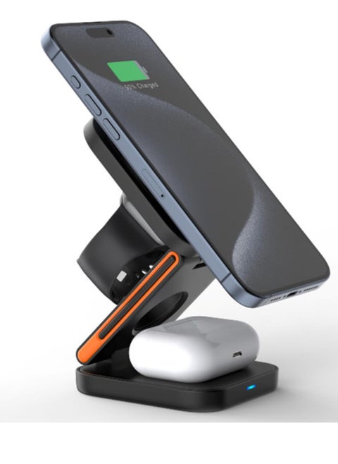 Foldable 3 in 1 Magnetic Wireless Charging Station for Apple Devices - iPhone 15/14/13/12 Series, AirPods Pro/3/2, Apple Watch Ultra/SE/9/8/7/6/5/4/3/2-Portable Travel Charger for MagSafe