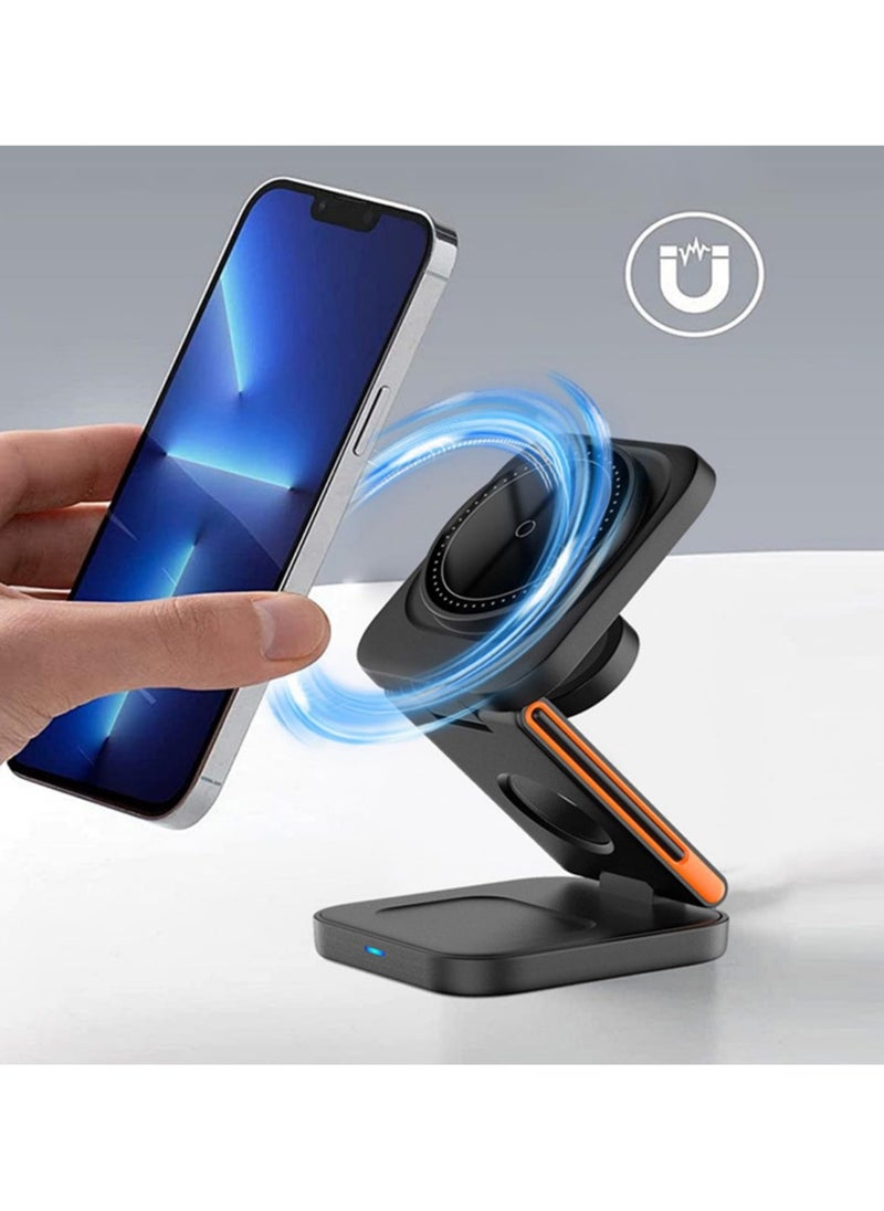 Foldable 3 in 1 Magnetic Wireless Charging Station for Apple Devices - iPhone 15/14/13/12 Series, AirPods Pro/3/2, Apple Watch Ultra/SE/9/8/7/6/5/4/3/2-Portable Travel Charger for MagSafe