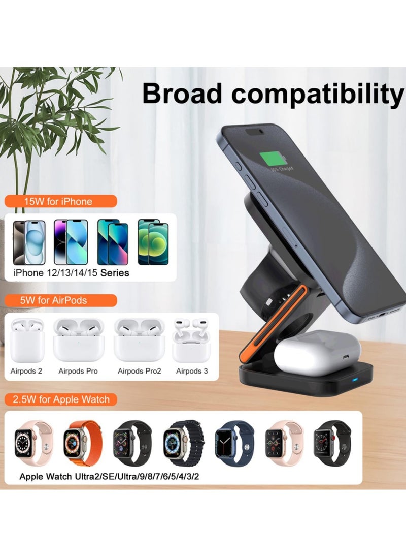 Foldable 3 in 1 Magnetic Wireless Charging Station for Apple Devices - iPhone 15/14/13/12 Series, AirPods Pro/3/2, Apple Watch Ultra/SE/9/8/7/6/5/4/3/2-Portable Travel Charger for MagSafe