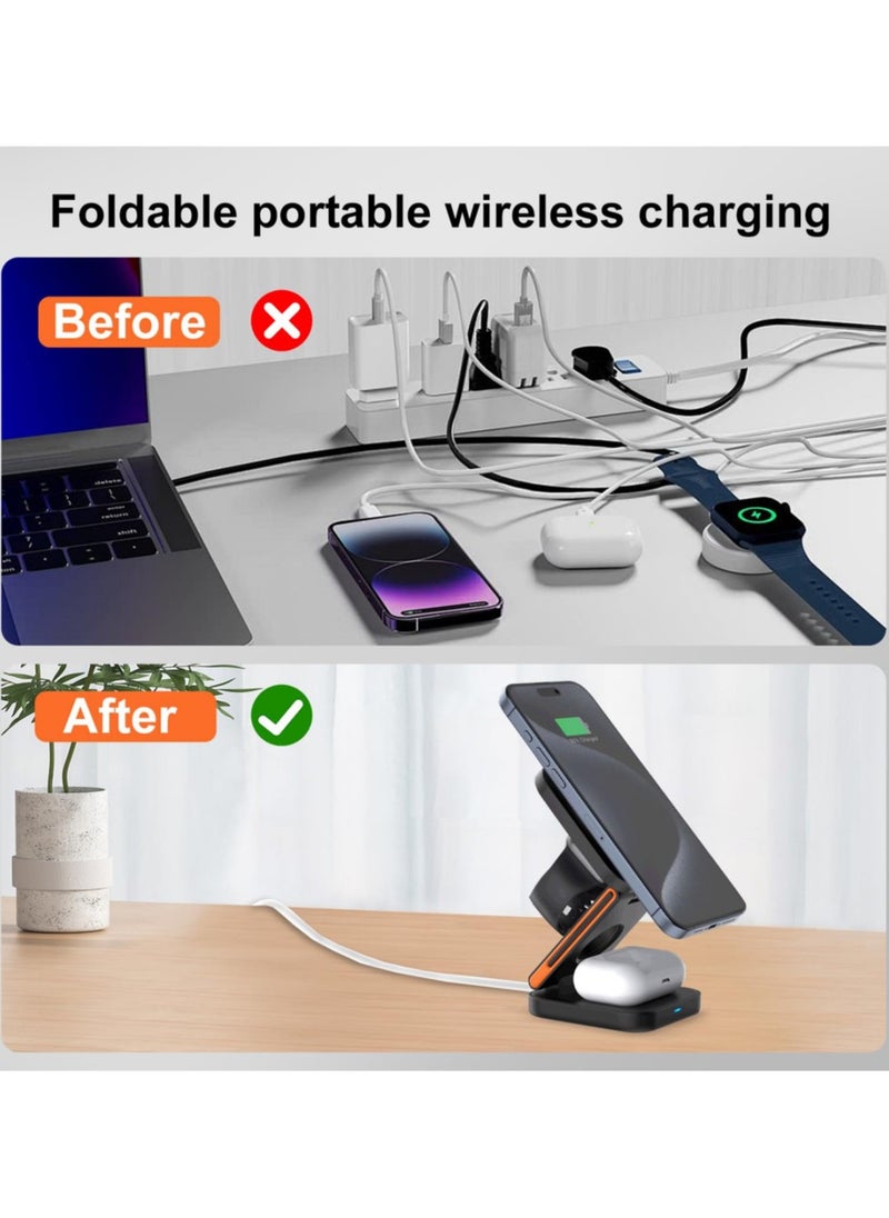 Foldable 3 in 1 Magnetic Wireless Charging Station for Apple Devices - iPhone 15/14/13/12 Series, AirPods Pro/3/2, Apple Watch Ultra/SE/9/8/7/6/5/4/3/2-Portable Travel Charger for MagSafe