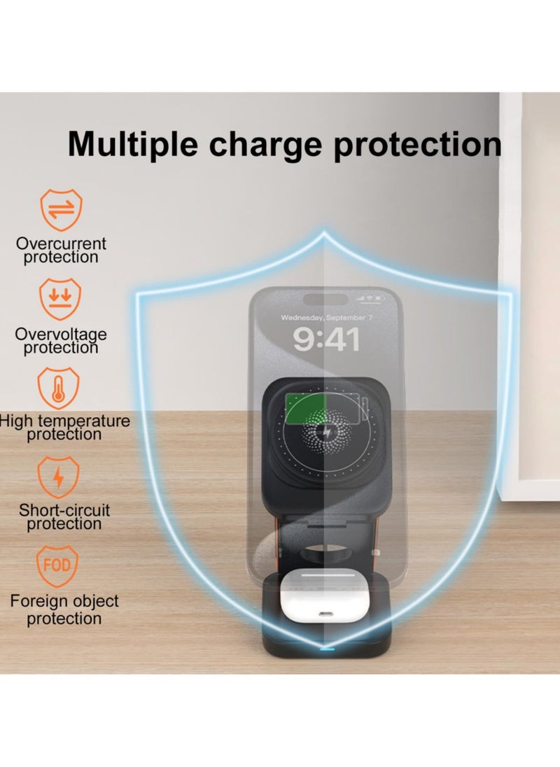 Foldable 3 in 1 Magnetic Wireless Charging Station for Apple Devices - iPhone 15/14/13/12 Series, AirPods Pro/3/2, Apple Watch Ultra/SE/9/8/7/6/5/4/3/2-Portable Travel Charger for MagSafe