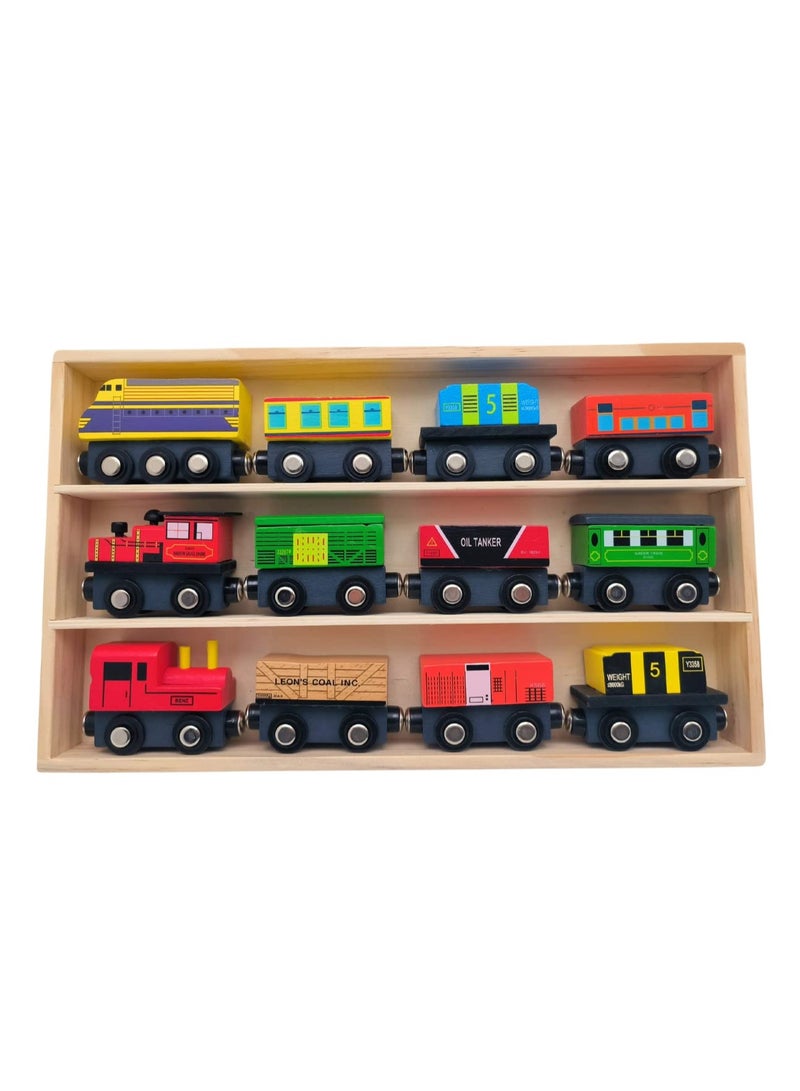 【12-Piece Premium Set】Wooden Train Toy Collection | With Elegant Wooden Storage Box | Magnetic Connection Safety Design | Eco-Friendly Solid Wood Material | 3-Inch Cars Perfect For Little Hands | Inertia Gliding Fun | Early Educational Toy | Develops Motor Skills & Creativity | Non-Toxic Safe Gift Choice - Image 1