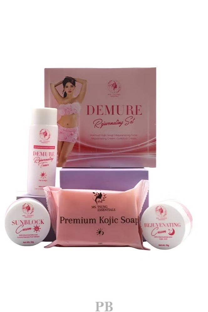 أساسيات السيدة تسونغ مجموعة ديمور لتجديد البشرة - مجموعة من 4 قطع مع صابون كوجيك، تونر مجدد، كريم ليلي، وكريم واقٍ من الشمس - خالية من الهيدروكينون والتريتينوين - Image 1