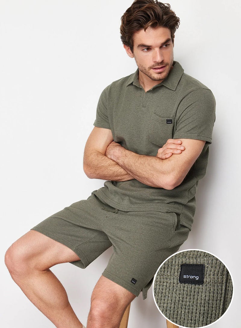 trendyol Khaki Regular/Normal Cut Textured Fabric Label Polo Neck Thick Tracksuit Set Tmnss23Em00003 - Image 1
