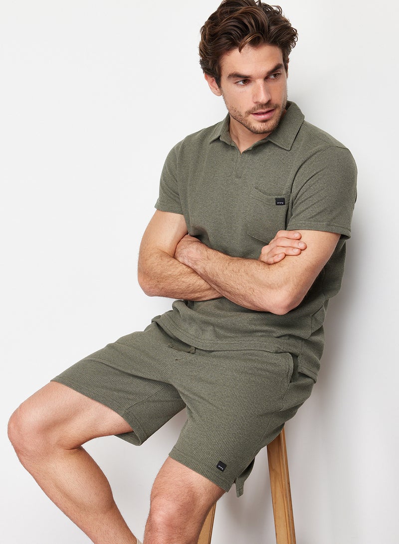 trendyol Khaki Regular/Normal Cut Textured Fabric Label Polo Neck Thick Tracksuit Set Tmnss23Em00003 - Image 2