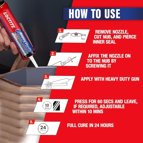 Loctite Power Grab Express Construction Adhesive, ultimate strength, 0 second grab, high tack adhesive, No-nails and screws, no clamping, DIY no mixing, metal, tiles, wood, concrete,177ml x pack of 3 - Image 4