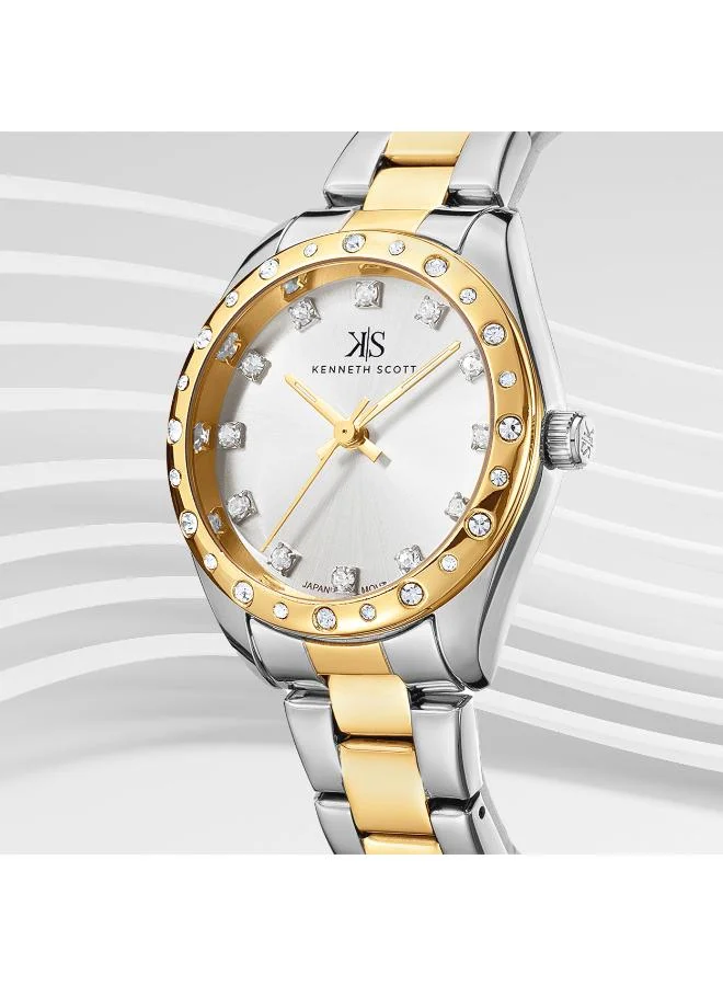KENNETH SCOTT Kenneth Scott K24509-TBTW Women's Analog Display Watch & Stainless Steel Strap Silver