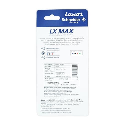 Luxor Schneider LX MAX roller ball pen, Pack of 3-Blue+Black+Green+1Refill, Needle Tip, 0.5mm, 100% German Technology, 1000+ mtrs writing length, Waterproof Ink, Ideal for Students & Professionals - Image 4