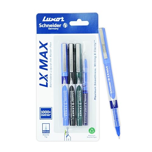 Luxor Schneider LX MAX roller ball pen, Pack of 3-Blue+Black+Green+1Refill, Needle Tip, 0.5mm, 100% German Technology, 1000+ mtrs writing length, Waterproof Ink, Ideal for Students & Professionals - Image 1