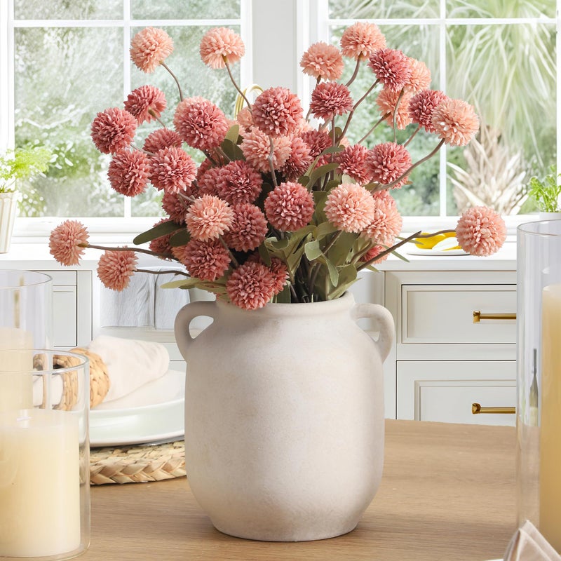 Vanselia Ceramic Flower Vase Home Decor - 7.6 Inch Farmhouse Rustic White Table Vases with Handle Living Room Decoration Decorative Vintage Pottery for Kitchen Shelf Coffee Dining Desk Bookshelf Fireplace - Image 1