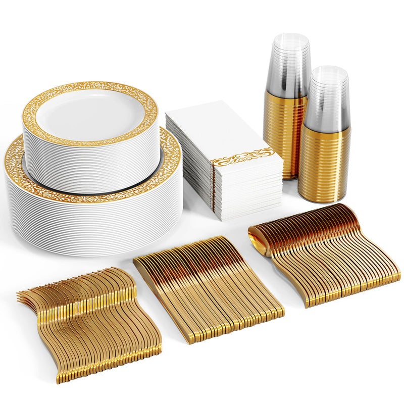 FOCUSLINE 350 Ct Gold Dinnerware Set for 50 Guests Gold Lace Plastic Plates Disposable Heavy Duty Including 50 Dinner  Dessert Plates Cups Napkins Cutlery Set
