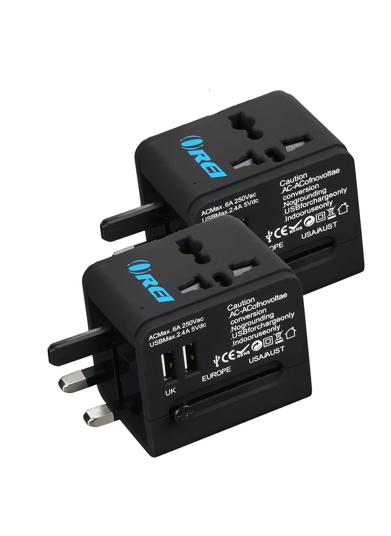 OREI OREI Universal Travel Adapter with 2 USB Ports 3 in 1 Universal Charger International Travel Adapter for Cell Phones Tablets Camera for Travelers to US Europe UK More 2 Pack  - Image 1