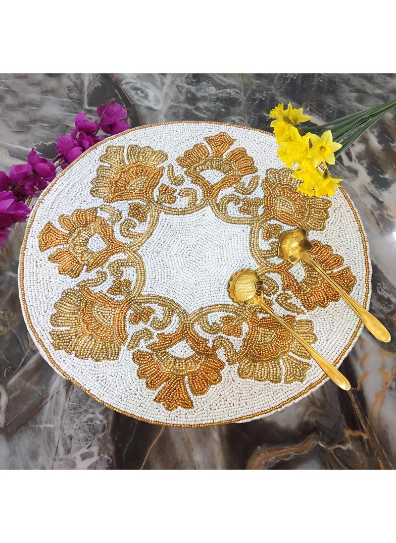 Good Vibes Embroidered Glass Beads Place MatsRound Table MatEmbroidered Table MatRound Beaded Table MatsCutwork Design Dining Table MatsDressing Table MatsBed Side Table matsWhite Gold 14 Inches  - Image 1