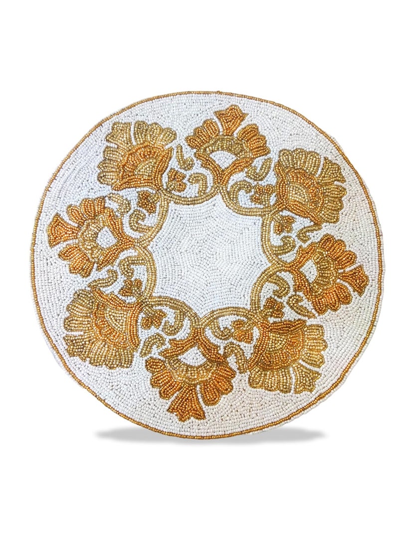 Good Vibes Embroidered Glass Beads Place MatsRound Table MatEmbroidered Table MatRound Beaded Table MatsCutwork Design Dining Table MatsDressing Table MatsBed Side Table matsWhite Gold 14 Inches  - Image 3