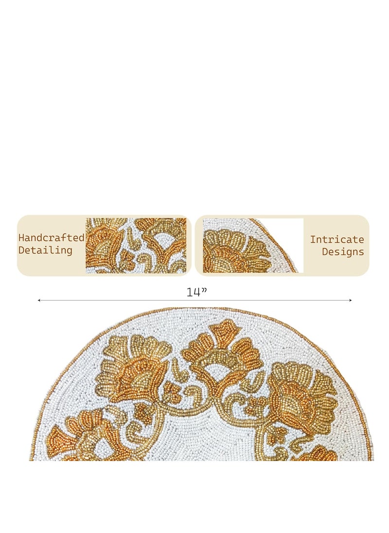 Good Vibes Embroidered Glass Beads Place MatsRound Table MatEmbroidered Table MatRound Beaded Table MatsCutwork Design Dining Table MatsDressing Table MatsBed Side Table matsWhite Gold 14 Inches  - Image 2