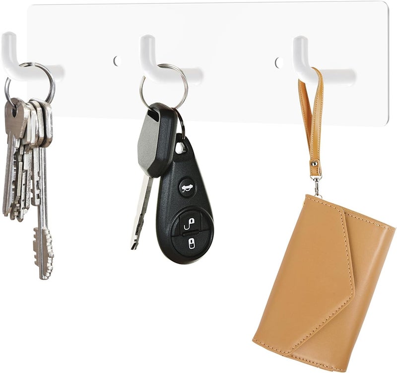 RELBRO Key Holder Wall Mount, White Metal Key Hanger Self Adhesive Key Rail with 3 Key Hooks Key Rack Organizer 2 Options Installation for Entryway Hallway Kitchen RV Camper - Image 1