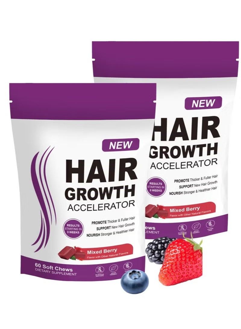 New 2-PACKS Hair Growth Accelerator Soft Chews, Hair Growth Vitamins for Women and Men with Lustriva and Biotin to Promote Thicker, Fuller, Stronger Hair, Mixed Berry, 60 Soft Chews*2  - Image 1