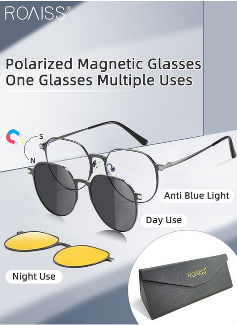 3-in-1 Magnetic Polarized Clip-On Sunglasses Set, Blue Light Blocking Glasses with Magnetic Polarized Lens and Magnetic Night Vision Lens, Versatile Eyewear for Day and Night Use for Men and Women