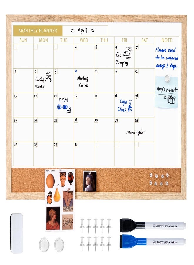 ARCOBIS Calendar Whiteboard with Cork Board, 24"x18" Wood Frame Dry Erase Calendar for Wall, Magnetic Monthly Combination Board for Home, Office, School, Kitchen, Beige - Image 1