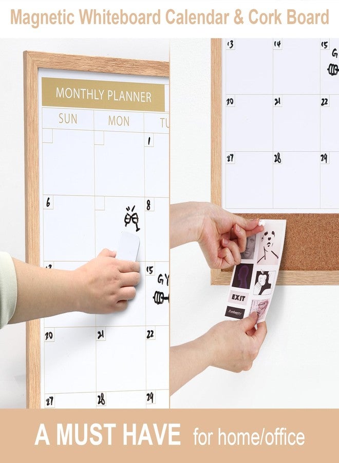 ARCOBIS Calendar Whiteboard with Cork Board, 24"x18" Wood Frame Dry Erase Calendar for Wall, Magnetic Monthly Combination Board for Home, Office, School, Kitchen, Beige - Image 3