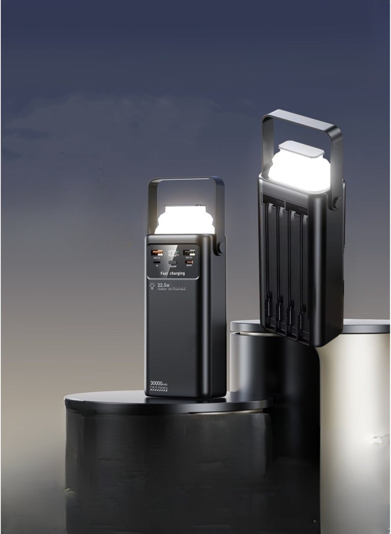 ليفينو بنك طاقة 30000 مللي أمبير/ساعة بشاشة رقمية وشحن سريع 22.5 واط - منفذي USB وType-C، و4 كابلات مدمجة (USB، Lightning، Type-C، Mini USB)، وإضاءة LED، وشاحن محمول للتخييم والاستخدام متعدد الأجهزة | أسود - Image 1