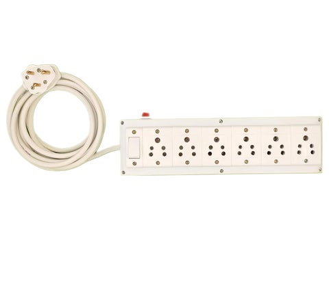 BRUK Extension Board with Long 1sqmm 3 Cor Wire 6A 1 Switch and 6 Socket Combined Bord with Fuse 6A Small Plug 3 Meter Wire