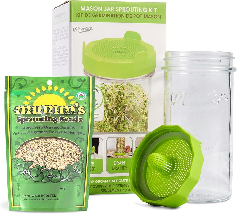 Masontops طقم بدء إنبات الفاصوليا في جرة ميسون - مجموعة سهلة لصنع إنبات الفاصوليا مع بذور عضوية، وأغطية إنبات، وطقم كامل لإنبات الفاصوليا - Image 1