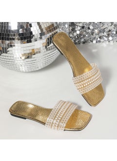Womens Flat Bottom Sandals 2025 Summer New Style One-Row Straight Head Beaded Rhinestone Sandals Womens Outdoor Adult Use Gold
