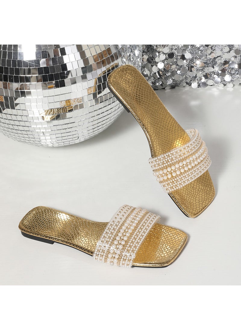 Generic - Womens Flat Bottom Sandals 2025 Summer New Style One-Row Straight Head Beaded Rhinestone Sandals Womens Outdoor Adult Use Gold - Image 1