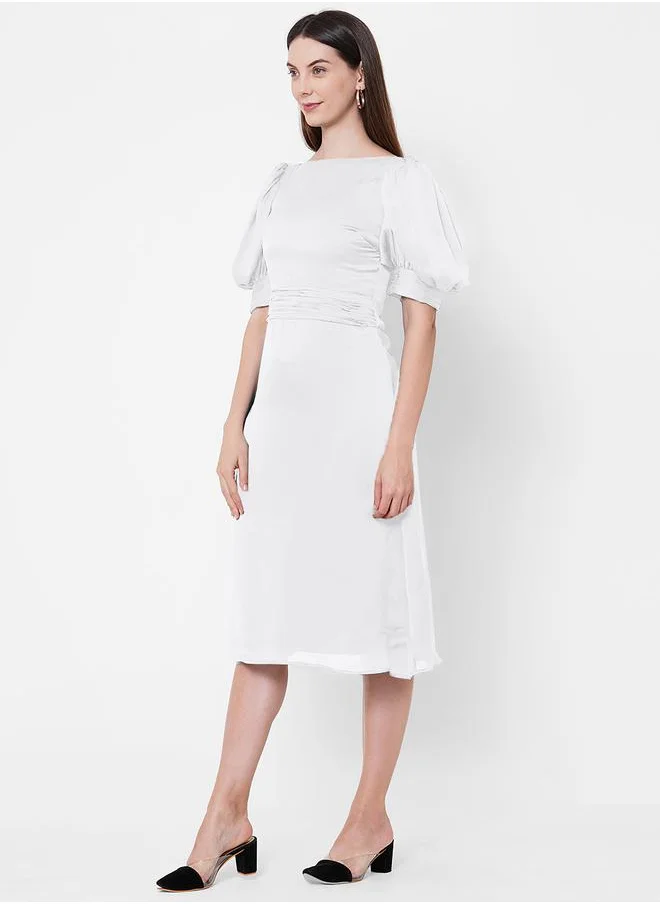 Mish Boat Neck Chiffon Midi Dress with Puff Sleeve