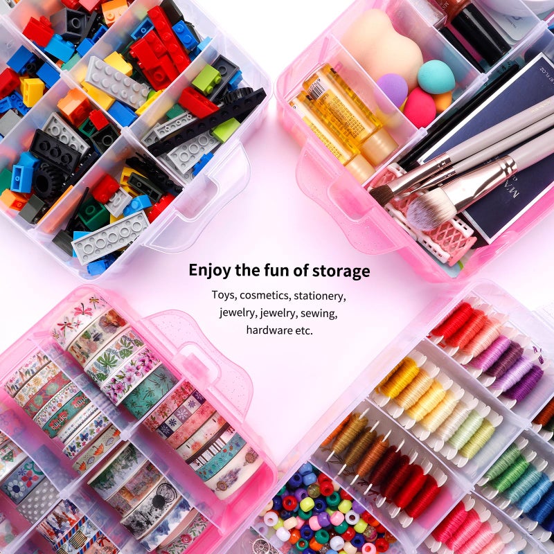 SGHUO 3-Tier Pink Craft Storage Container, Stackable Organizer Box with Dividers for Art Supplies, Beads, Washi Tapes, Seed, Hair Accessories, Nail, 9.5X6.5X7.2in - Image 5