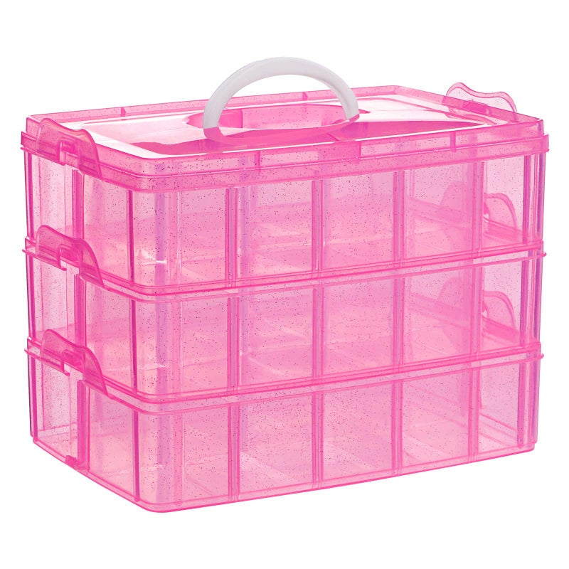 SGHUO 3-Tier Pink Craft Storage Container, Stackable Organizer Box with Dividers for Art Supplies, Beads, Washi Tapes, Seed, Hair Accessories, Nail, 9.5X6.5X7.2in - Image 1