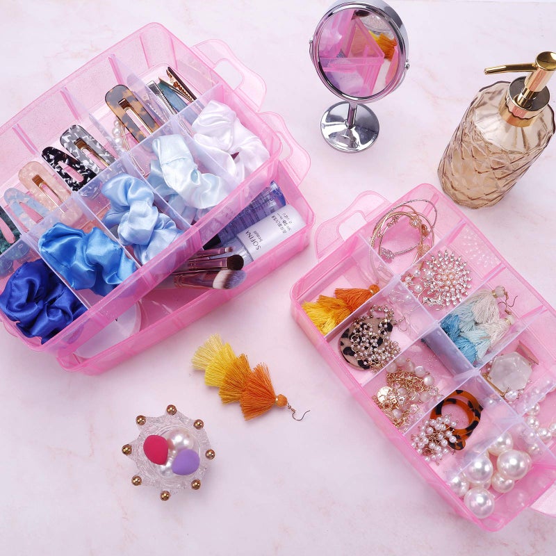 SGHUO 3-Tier Pink Craft Storage Container, Stackable Organizer Box with Dividers for Art Supplies, Beads, Washi Tapes, Seed, Hair Accessories, Nail, 9.5X6.5X7.2in - Image 4