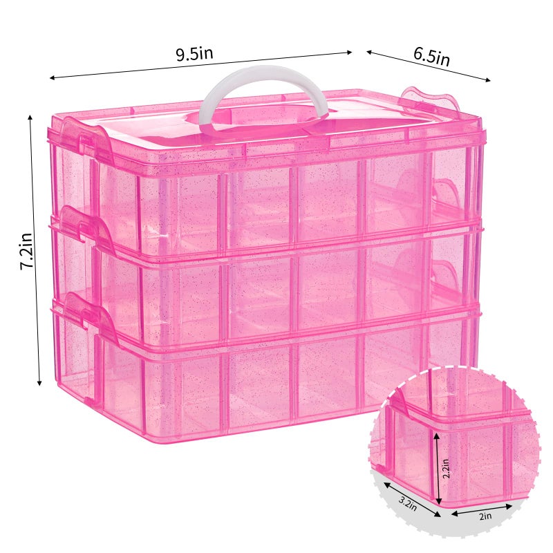 SGHUO 3-Tier Pink Craft Storage Container, Stackable Organizer Box with Dividers for Art Supplies, Beads, Washi Tapes, Seed, Hair Accessories, Nail, 9.5X6.5X7.2in - Image 2