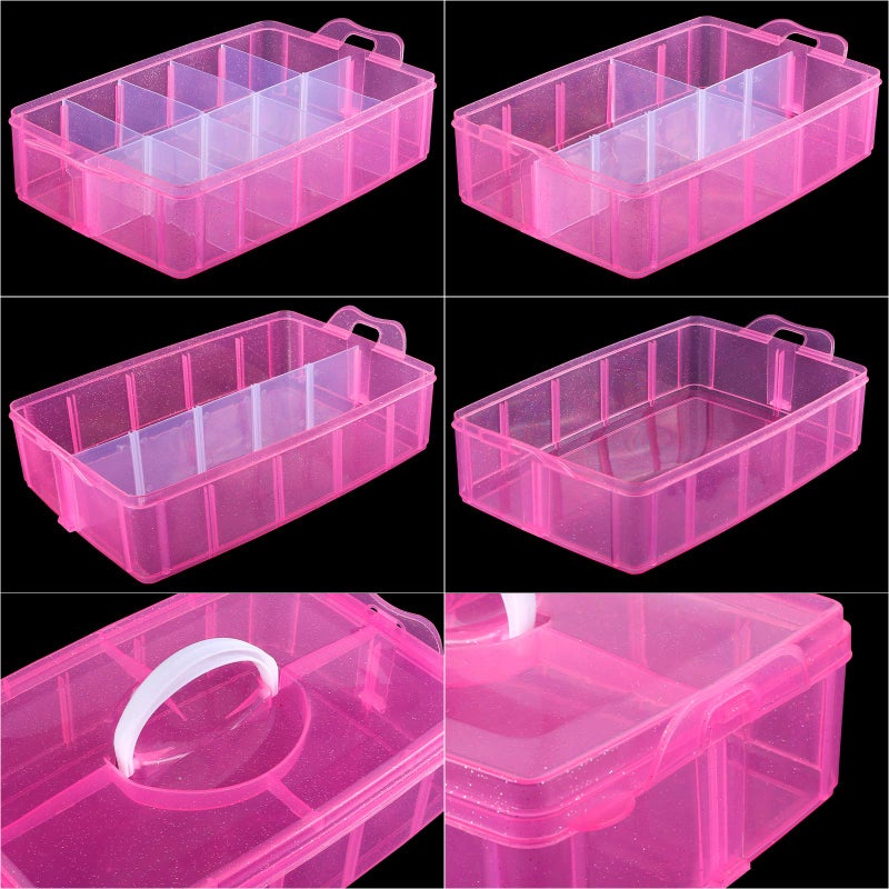 SGHUO 3-Tier Pink Craft Storage Container, Stackable Organizer Box with Dividers for Art Supplies, Beads, Washi Tapes, Seed, Hair Accessories, Nail, 9.5X6.5X7.2in - Image 3