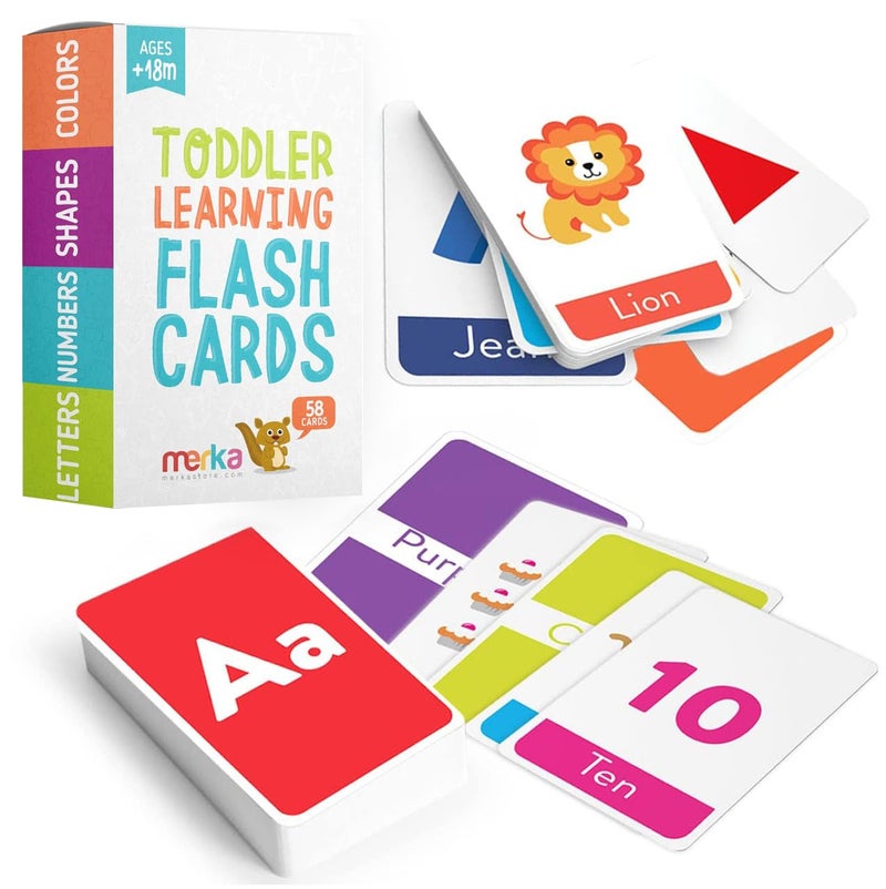 merka Educational Flashcards for Toddlers - Learn Letters Colors Shapes Numbers Animals and Alphabet - Toddler Preschool Learning Toys for Ages 1-2, 2-3 and 2-4 - 58 Flash Cards and Picture Cards - Image 1