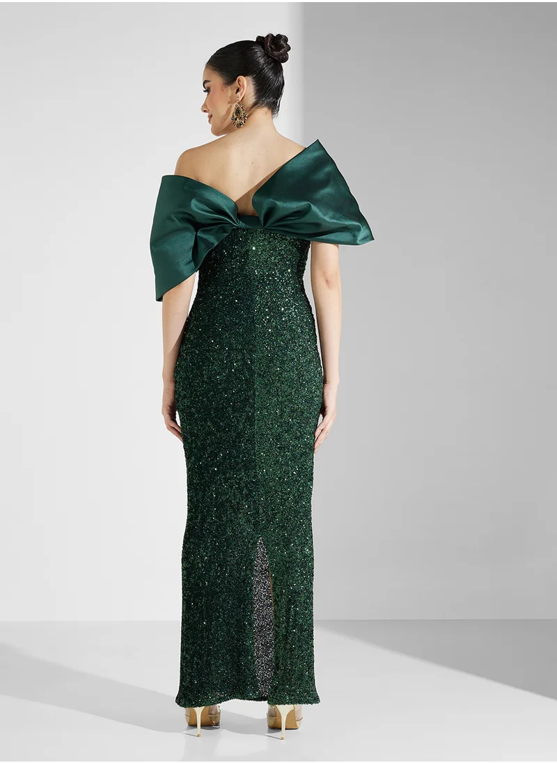 نمشي x Off Shoulder Organza Sleeves Sequin Embroidered Gown