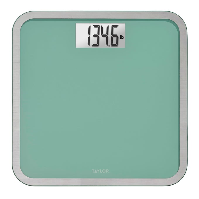 DIGITAL GLASS BATHROOM SCALE FOR BODY WEIGHT LARGE DURABLE PLATFORM EXTRA HIGH 500 LB CAPACITY LARGE 35X17 WHITE BACKLIT DISPLAY SEA FOAM GREEN