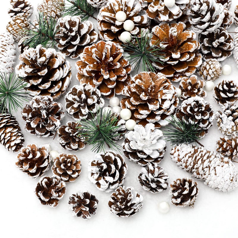 Whaline 170Pcs Christmas Pine Cones Berry Pine Branch Set Snow Pinecones Pendant White Winter Holiday Ornament for DIY Crafts Home Decorations Xmas Tree Gift Tag Party Supplies Assorted Sizes
