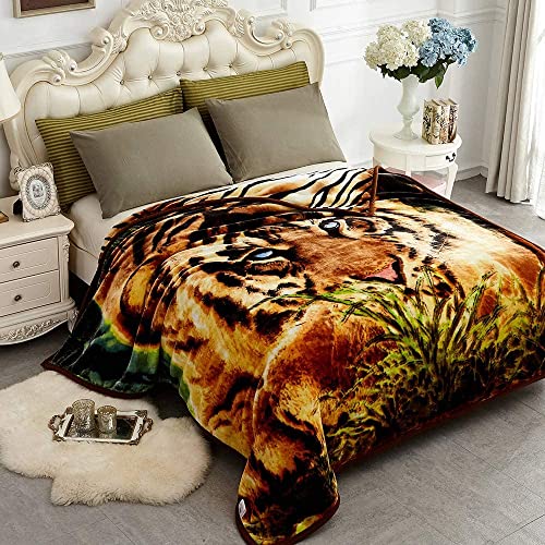 JYK Korean Faux Mink Fleece Blanket 75”x87” and 5 LB Mink Blanket - 2 Ply Reversible 520GSM Silky Soft Plush Warm Blanket for Autumn Winter, A&B Pattern (Queen, Tiger/Tiger Stripes) - Image 1