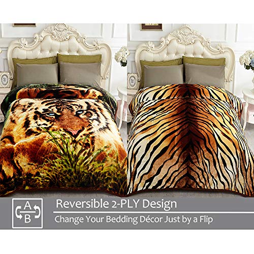JYK Korean Faux Mink Fleece Blanket 75”x87” and 5 LB Mink Blanket - 2 Ply Reversible 520GSM Silky Soft Plush Warm Blanket for Autumn Winter, A&B Pattern (Queen, Tiger/Tiger Stripes) - Image 3