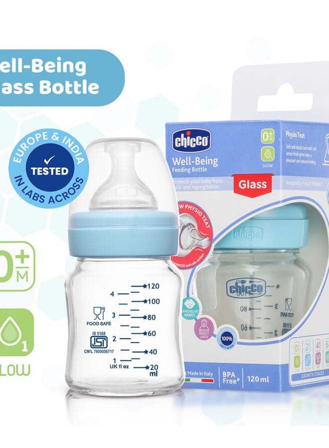 Chicco زجاجة رضاعة زجاجية للرفاهية (120 مل، تدفق بطيء) (أزرق) 0M+ - Image 3
