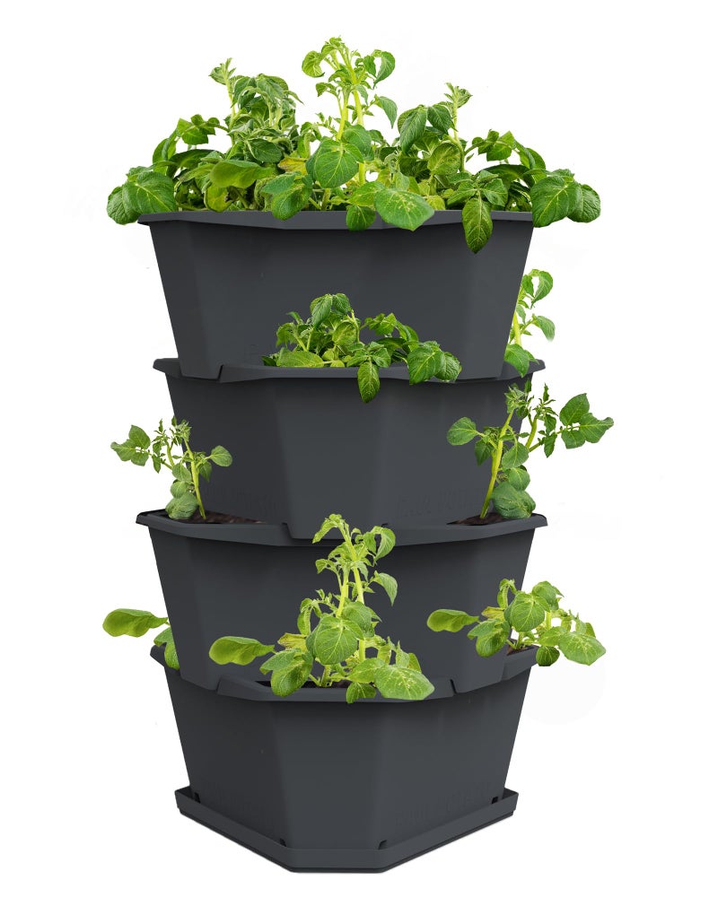 BUZZY Seeds Starter Stackable Vertical Planter â€“ 4-Level Raised Garden Tower for Potatoes, Strawberries, Vegetables & Flowers (Gray) - Image 1
