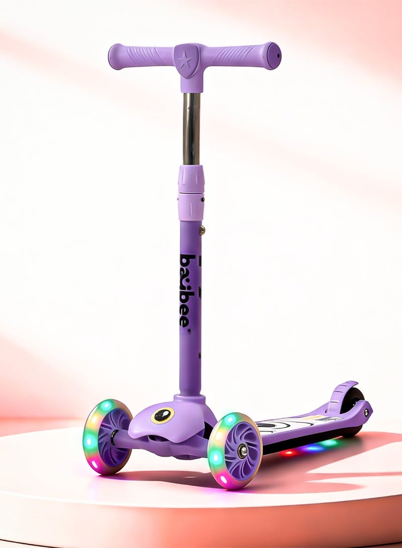 BAYBEE Skaterz Kick Scooter for Kids | 3 Wheel Kids Scooter with 3 Height Adjustable, LED Lights & Music | Skate Scooters Upto 50Kgs Weight Capacity | Runner Scooters for Kid 3 to 8 Years Purple - Image 1